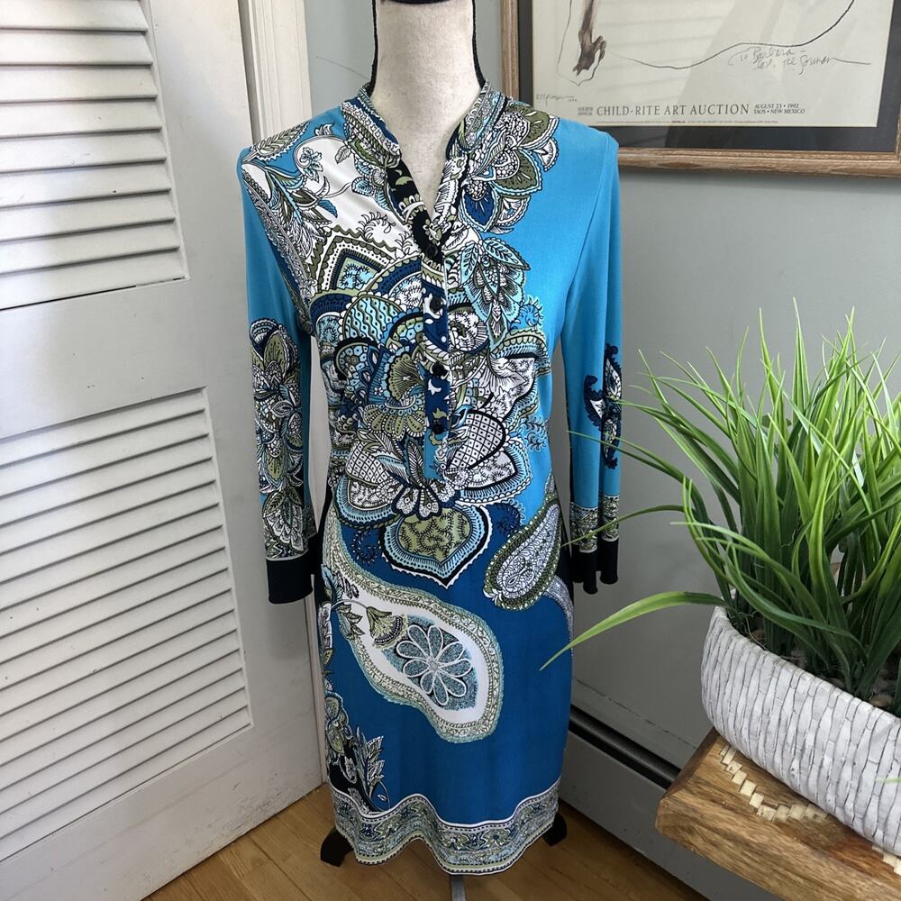 Vintage Carole Little Dress Womens 6 Blue Paisley Mini Shift Retro Mod Bohemian